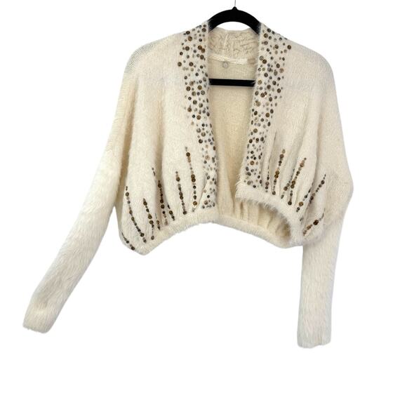 Anthropologie Knitted Knotted XS Crop Bolero Open Cardigan Ivory Sequined Fuzzy - Picture 1 of 12
